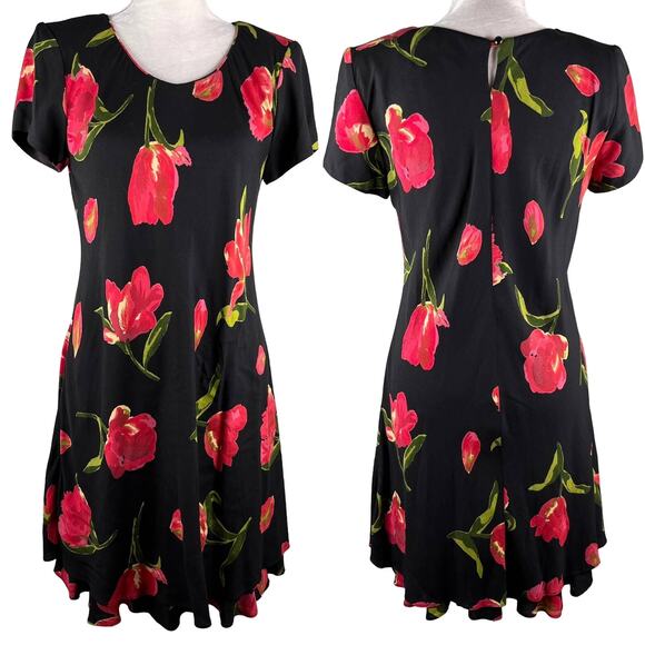 Vintage Hampton Dress Co Dress 8 Midi Black Red Tulips - Picture 1 of 12